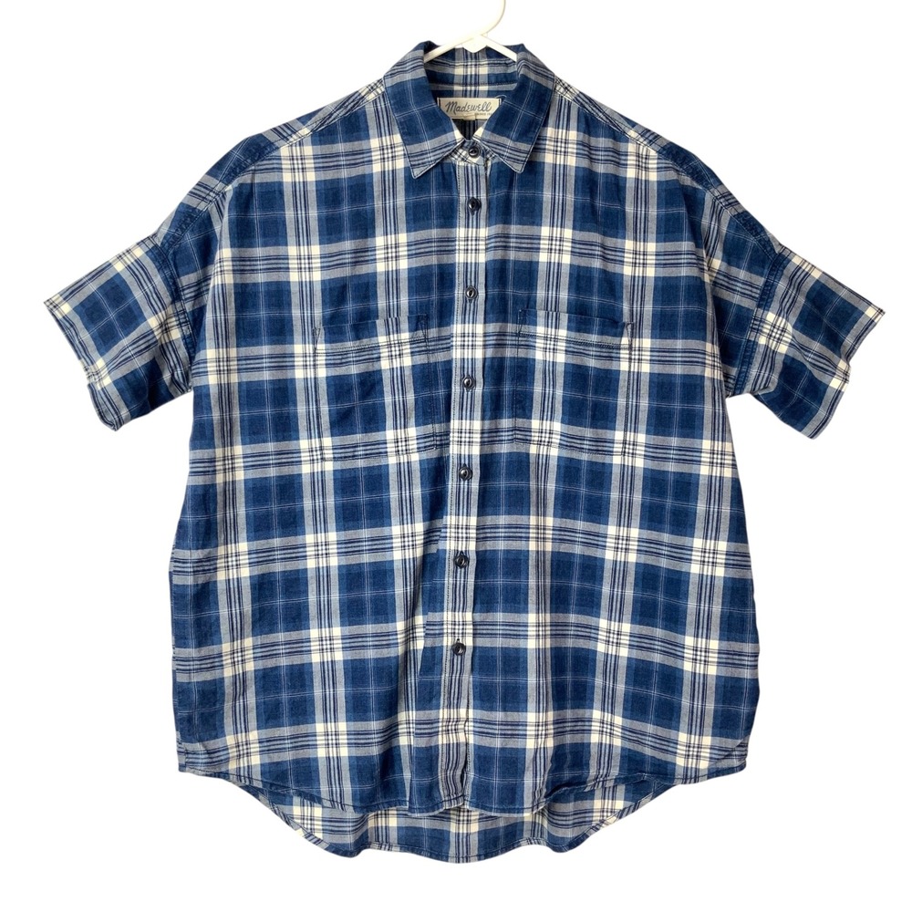 Madewell Blue Plaid Button Up Shirt XS Pointed Collar Short Sleeve Pockets